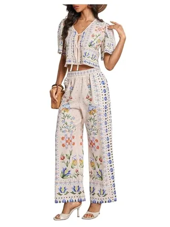 Short Sleeve Floral Outfit Set, Beige