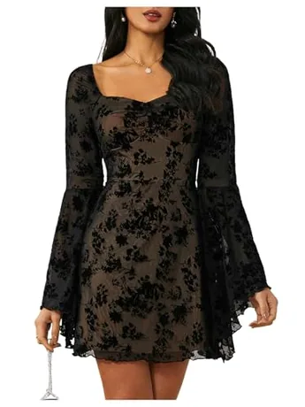 Long Sleeve Floral Dress, Black (XX-Large)