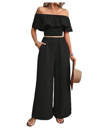 Wide Leg Ruffle Outfit Set, Black