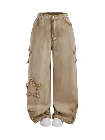 Plus Size Wide Leg Denim Jeans, Khaki