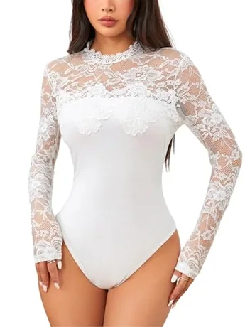 Long Sleeve Lace Bodysuit, White