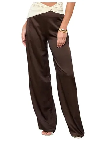 Wide Leg Satin Trousers, Brown