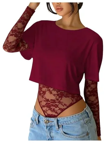 Long Sleeve Lace Bodysuit, Burgundy (Large)
