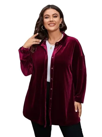 Plus Size Long Sleeve Velvet Shirt, Burgundy