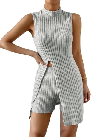 Sleeveless Knit Outfit Set, Grey (Large)
