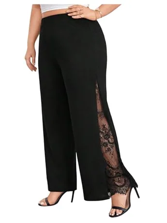Plus Size High Waisted Lace Trousers, Black