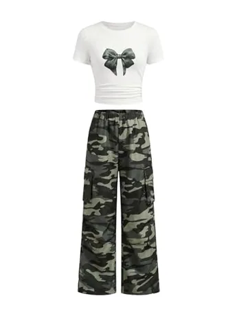 Short Sleeve Graphic Outfit Set, Dark Green