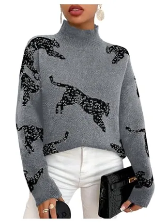 Long Sleeve Leopard Knitwear, Grey