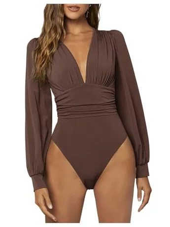 Long Sleeve Ribbed Bodysuit, Brown (XX-Large)