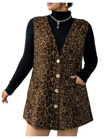 Plus Size Sleeveless Leopard Dress, Coffee