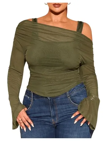 Plus Size Long Sleeve Off Shoulder T-Shirt, Green (XX-Large Plus)