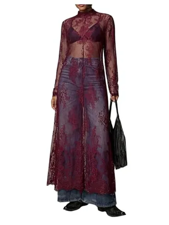 Plus Size Maxi Lace Cover Up, Burgundy (X-Large Plus)