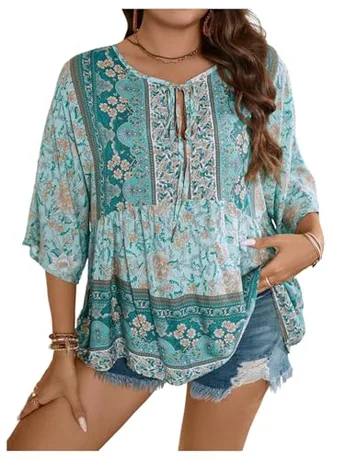 Plus Size Floral Blouse, Blue