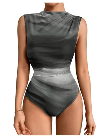 Sleeveless Mesh Bodysuit, Grey