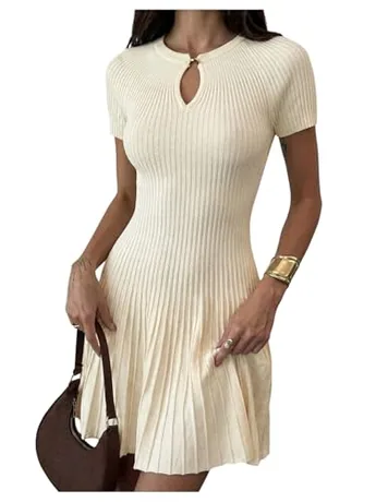 Short Sleeve Knit Dress, Beige