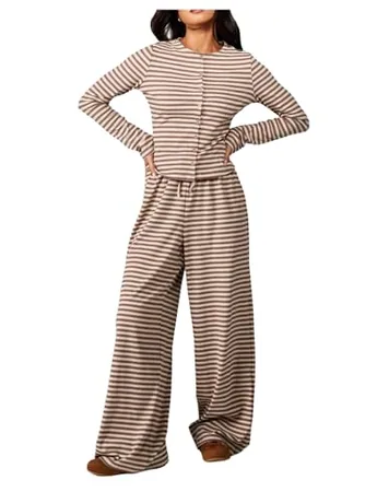 Long Sleeve Striped Sleep Set, Coffee (Large)