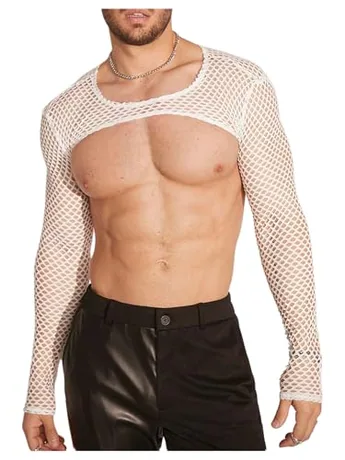 Long Sleeve Mesh Crop Top, White