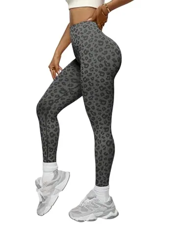 High Waisted Leopard Leggings, Grey