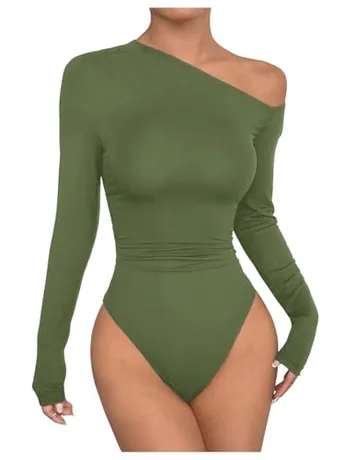 Long Sleeve Ruched Bodysuit, Army Green