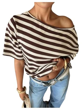 Short Sleeve Striped T-Shirt, Brown (off shoulder)