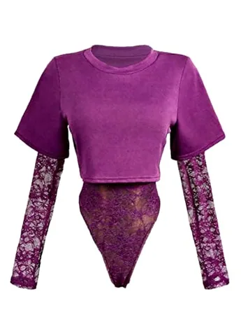 Long Sleeve Lace Bodysuit, Purple