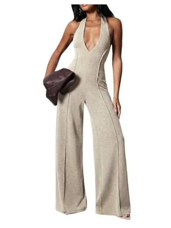 Wide Leg Backless Jumpsuit, Beige