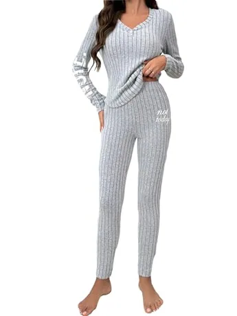 Long Sleeve Knit Sleep Set, Grey (Large)