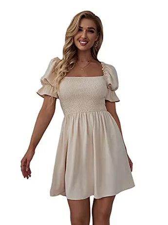 Short Sleeve Ruffle Dress, Beige (Small)
