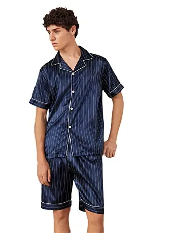 Short Sleeve Satin Sleep Set, Navy (Large)