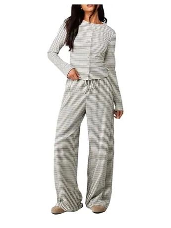 Long Sleeve Striped Sleep Set, Grey (X-Small)