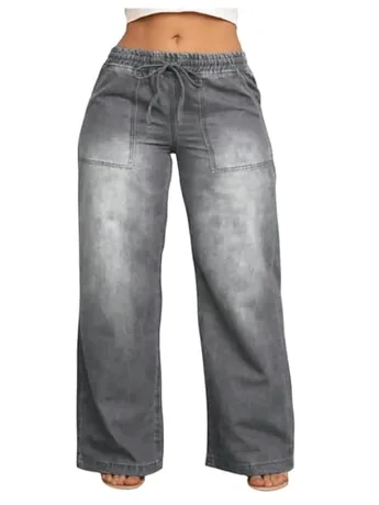 Plus Size Wide Leg Denim Jeans, Grey (drawstring)