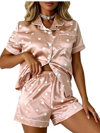Short Sleeve Satin Sleep Set, Pink (Small)