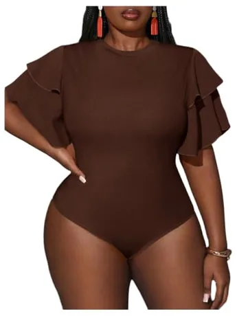 Plus Size Short Sleeve Ruffle Bodysuit, Brown