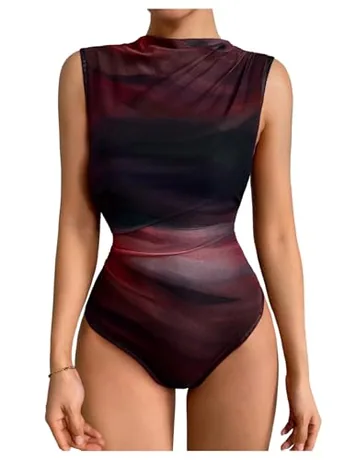 Sleeveless Mesh Bodysuit, Burgundy
