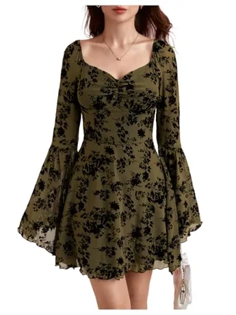 Long Sleeve Floral Dress, Army Green