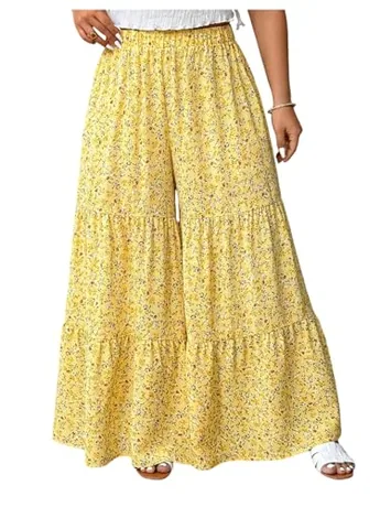 Plus Size Wide Leg Floral Trousers, Yellow