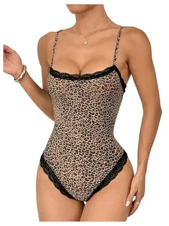 Sleeveless Lace Bodysuit, Brown (Large)