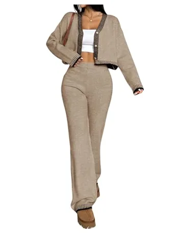 Wide Leg Knit Outfit Set, Khaki (Medium)