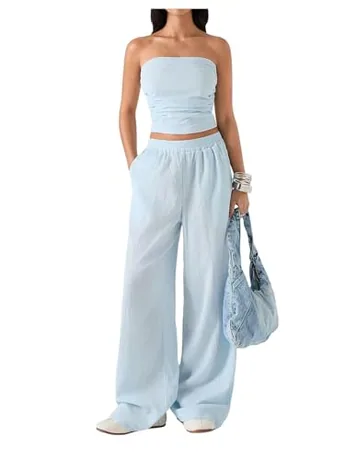 Wide Leg Ruched Outfit Set, Light Blue