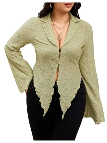 Plus Size Long Sleeve Lace Shirt, Olive (XX-Large Plus)