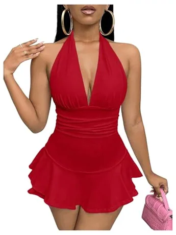 Sleeveless Halter Romper, Red (Medium)