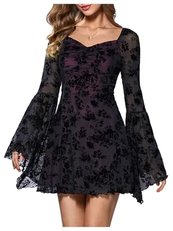 Long Sleeve Floral Dress, Black