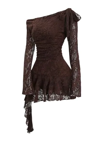Long Sleeve Lace Dress, Coffee (Medium)