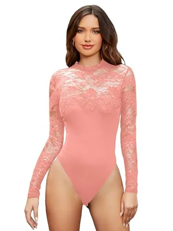 Long Sleeve Lace Bodysuit, Pink