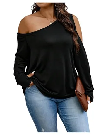 Plus Size Long Sleeve Off Shoulder Knitwear, Black