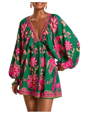 Floral Dress, Green (v neck)