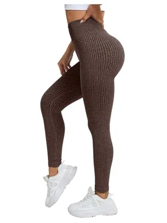 High Waisted Ribbed Leggings, Brown