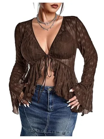 Plus Size Long Sleeve Mesh T-Shirt, Coffee (3X-Large Plus)