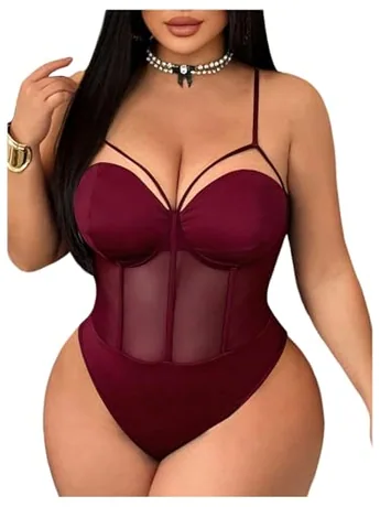 Plus Size Sleeveless Mesh Bodysuit, Burgundy