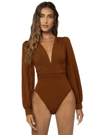 Long Sleeve Ribbed Bodysuit, Brown (Small)